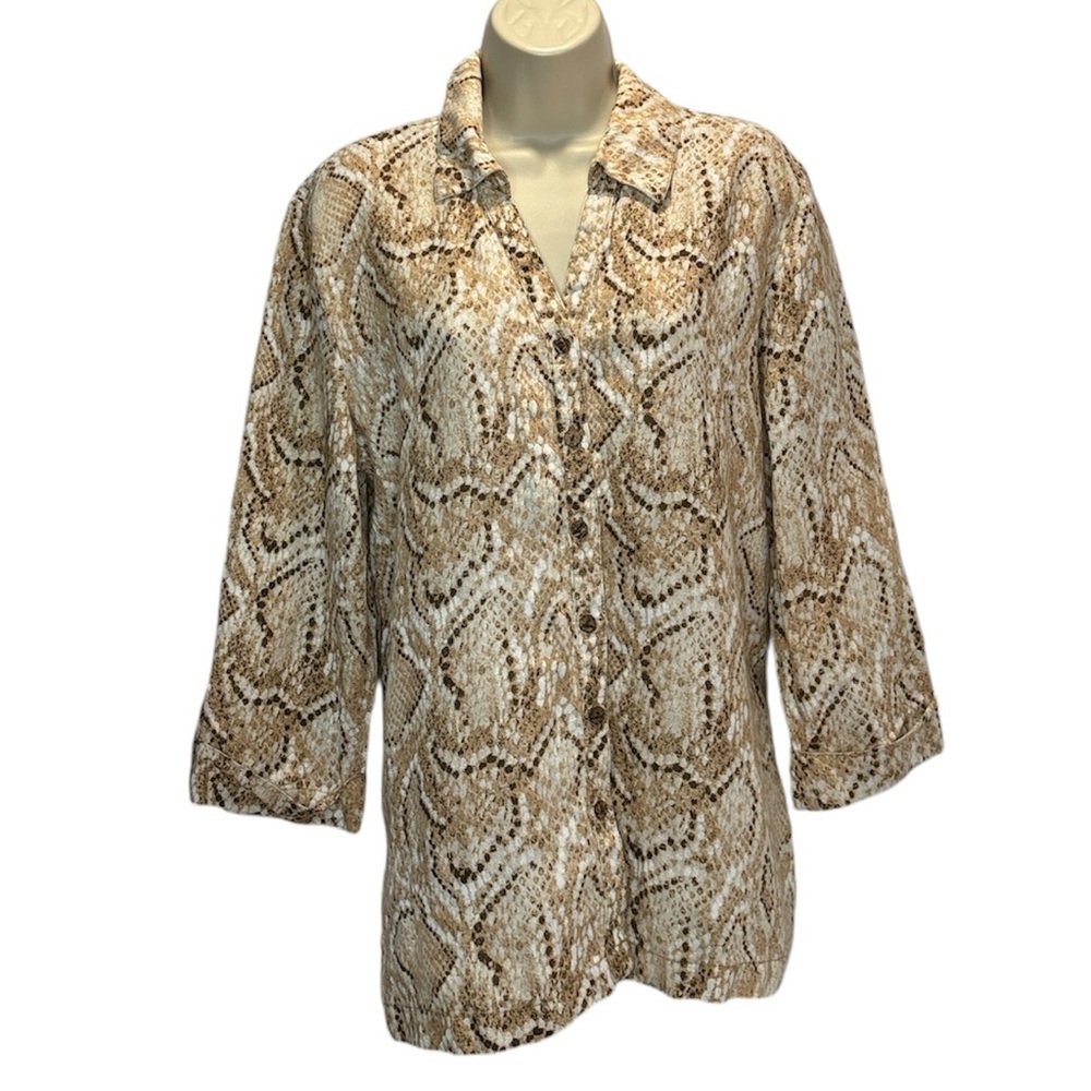 JM Collection Women's Linen Animal Print Button Front Tops Blouse Size 12